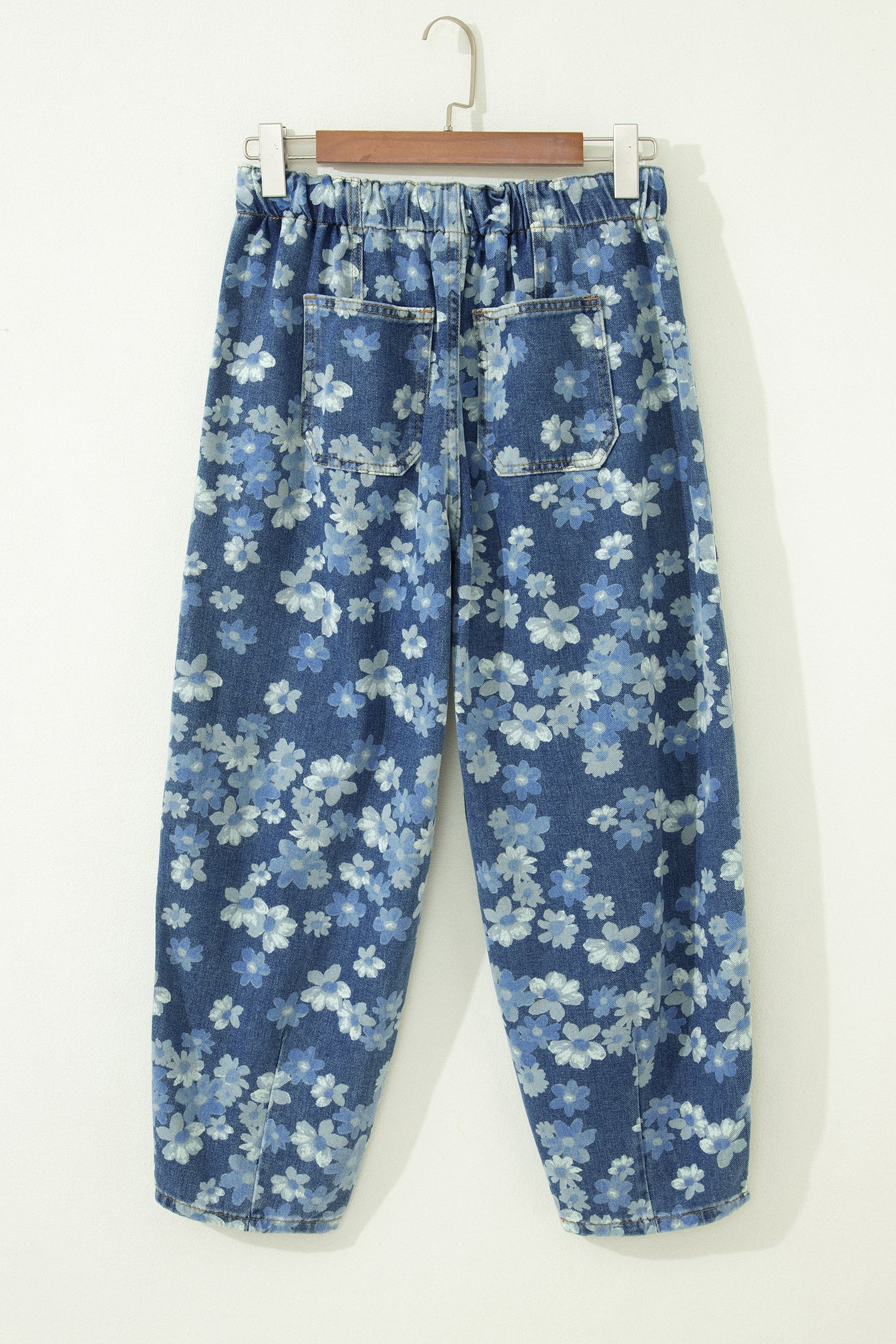 Sky Blue Dainty Floral Printed Drawstring Barrel Jeans - PhishStones Products