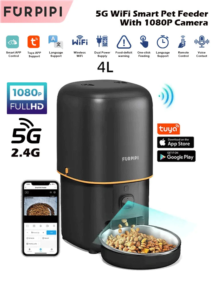 Smart Pet Feeder with 1080P Camera — Dual - Band WiFi (2.4/5GHz) App - Controlled Automatic Cat & Dog Kibble Dispenser, Voice Call & Portion Control - PhishStones Products