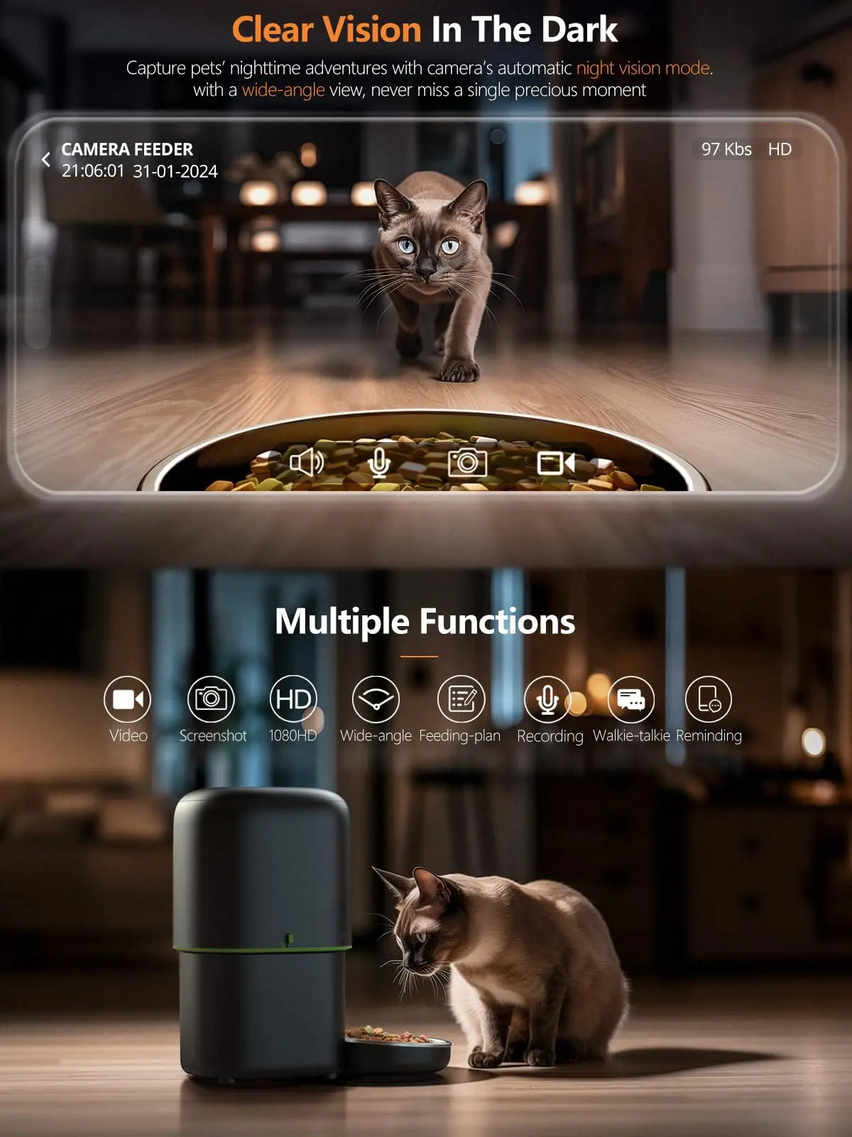 Smart Pet Feeder with 1080P Camera — Dual - Band WiFi (2.4/5GHz) App - Controlled Automatic Cat & Dog Kibble Dispenser, Voice Call & Portion Control - PhishStones Products