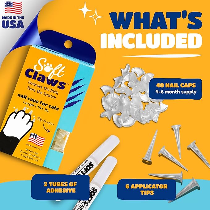 Soft Claws Cat Nail Caps for Large Cats – (40 Caps, Black & Gold) - Made in USA - Veterinarian - Developed | Protects Furniture & Skin - Easy to Apply, Long - Lasting Anti - Scratch Soft Cat Claw Covers - PhishStones Products