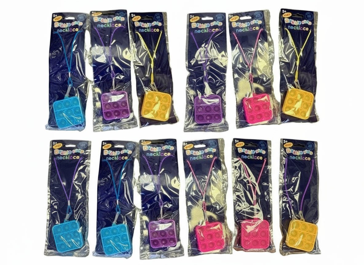 Square Pop Fidget Necklace — 12-Pack (3 each: Yellow, Blue, Pink, Purple) or 12 multicolor