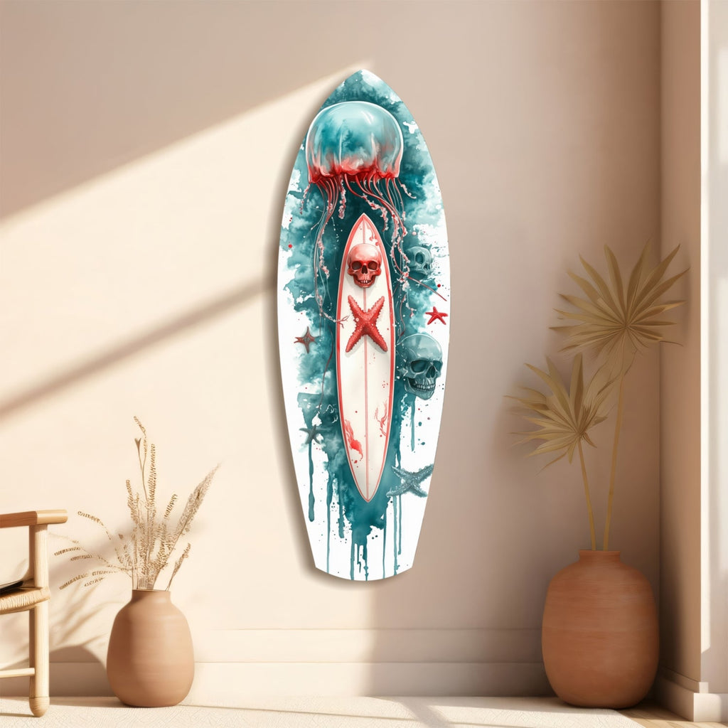 Teal Jellyfish Skull Surfboard Glass Wall Art