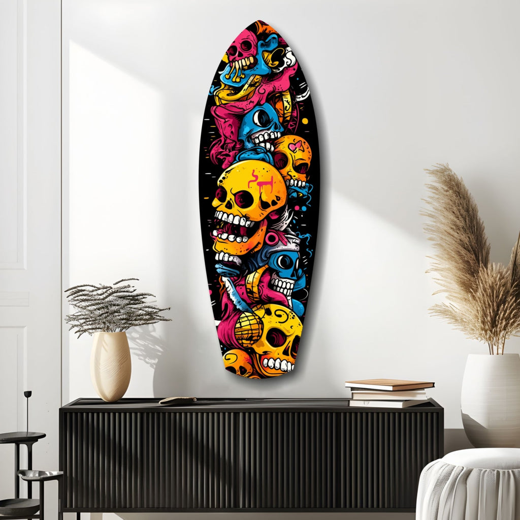 Stacked Yellow Cartoon Skulls Surfboard Glass Wall Art