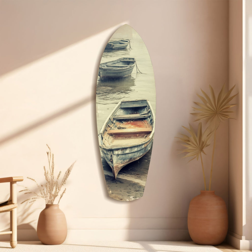 Moored Rowboats on Misty Shore Glass Wall Art