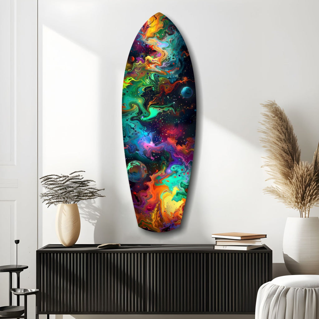 Rainbow Marbled Nebula Surfboard Glass Wall Art