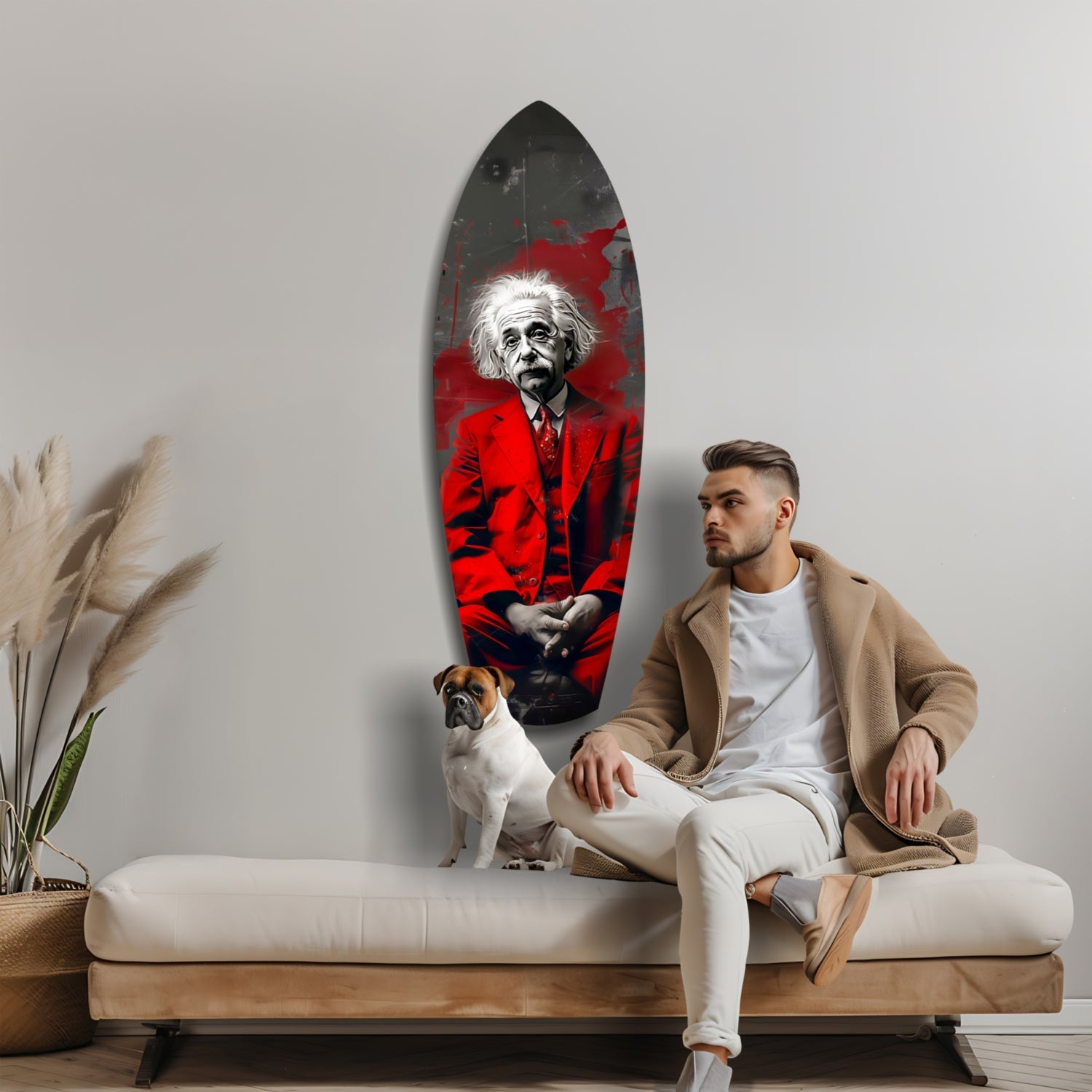 Red Suit Wild Haired Scientist Seated Glass Wall Art