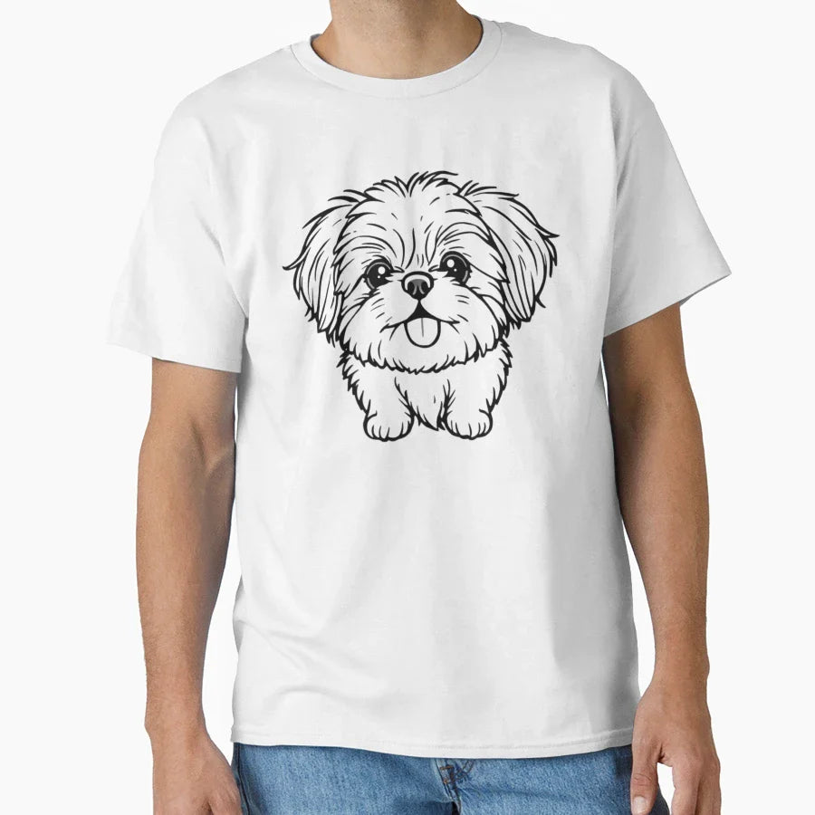 Happy Shih Tzu Long Hair Tied Ponytail T-Shirt - Graphic Print Men Women