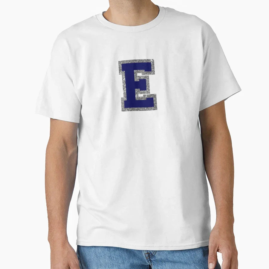 Silver And Navy Varsity Letter E T-Shirt - Trendy Graphic Men Women