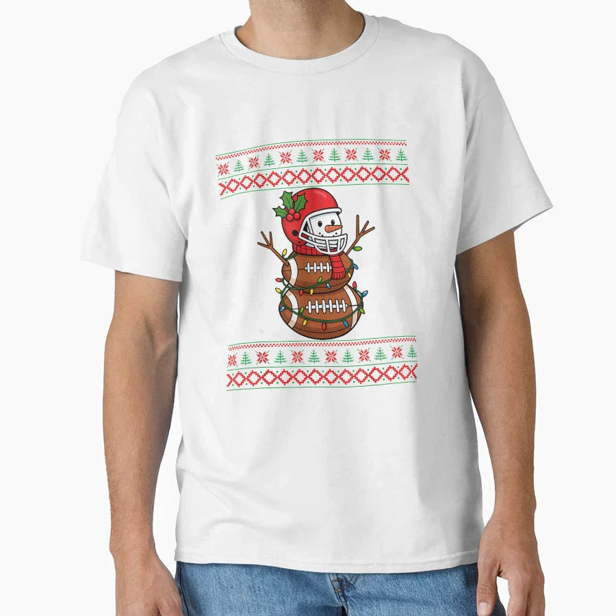 Merry Football Snowman Holiday Ugly T-Shirt - Custom Art Print for Adults