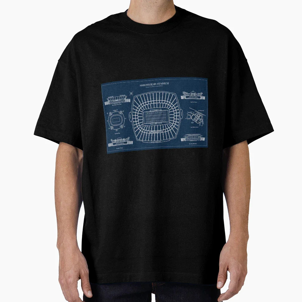 Arrowhead Stadium Navy Blueprint T-Shirt - Trendy Graphic for Adults
