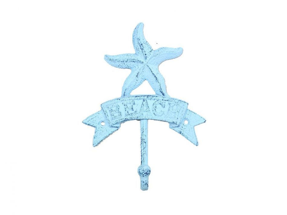 Rustic Dark Blue Whitewashed Cast Iron Starfish Beach Hook 8""