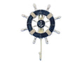 Rustic Dark Blue and White Decorative Ship Wheel with Anchor and Hook 8"