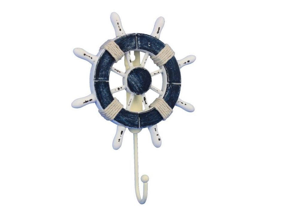 Rustic Dark Blue and White Decorative Ship Wheel with Hook 8"