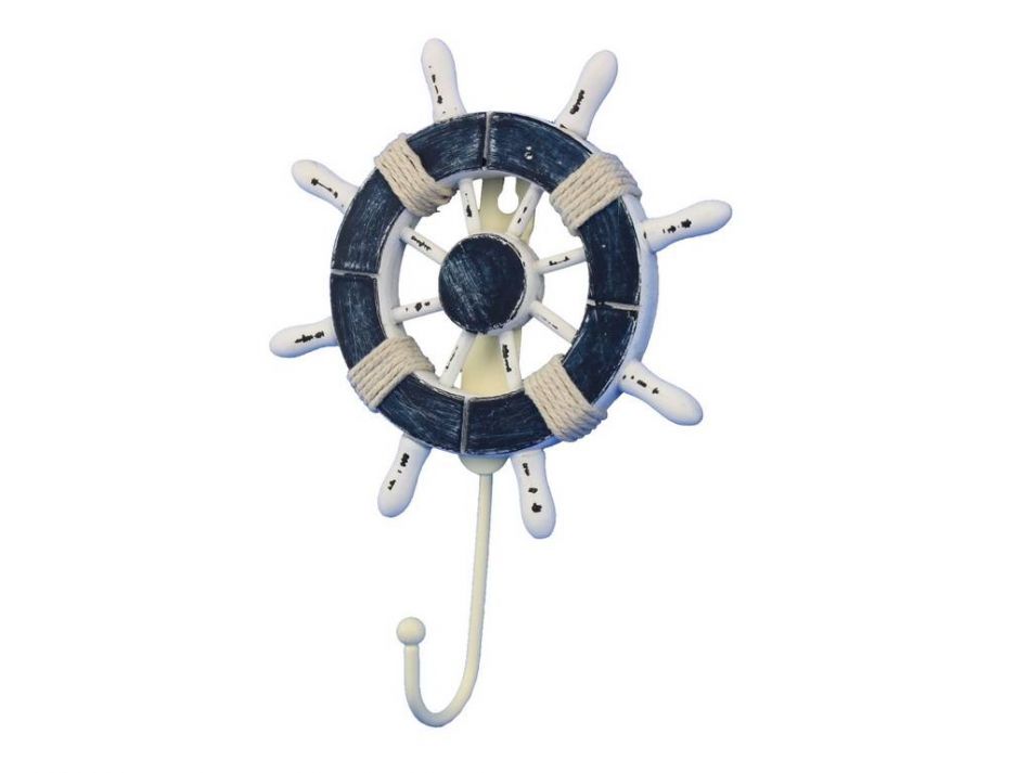 Rustic Dark Blue and White Decorative Ship Wheel with Hook 8"