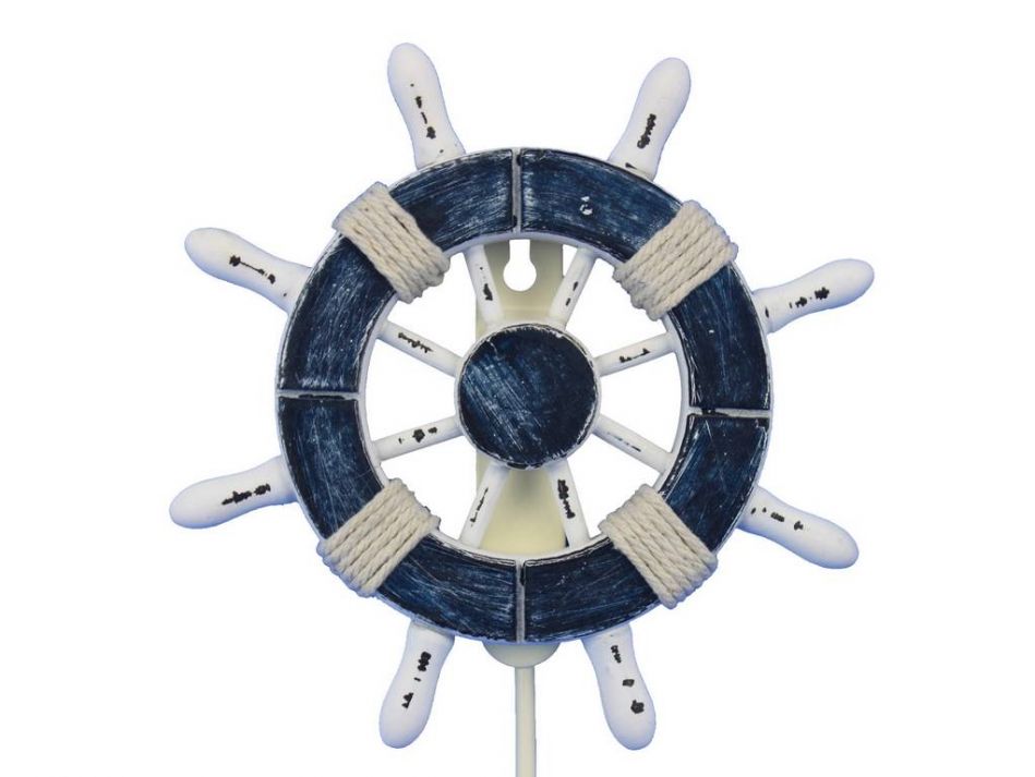 Rustic Dark Blue and White Decorative Ship Wheel with Hook 8"