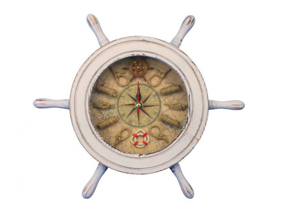 Wooden Whitewashed Ship Wheel Knot Faced Clock 12""