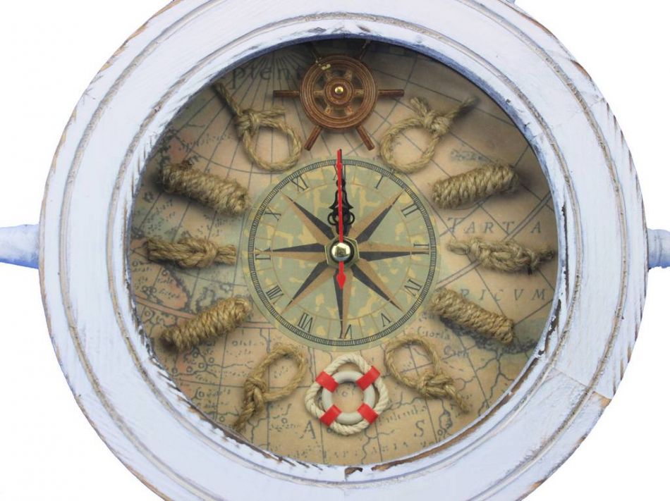 Wooden Whitewashed Ship Wheel Knot Faced Clock 12""