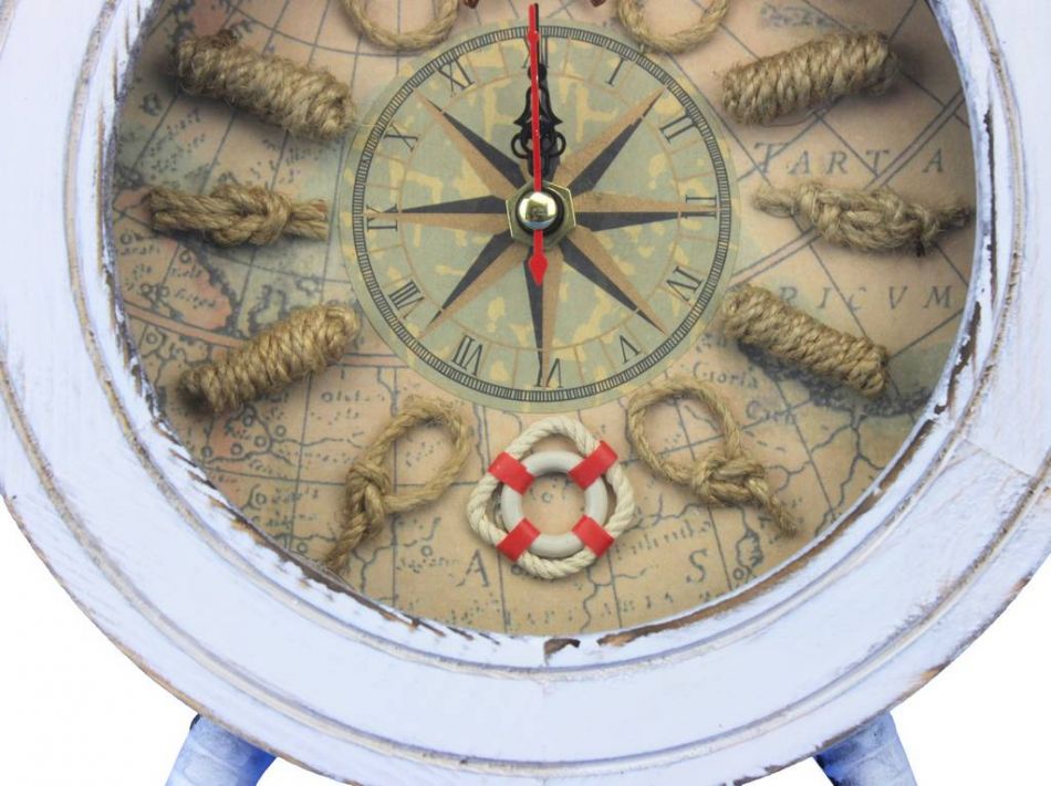 Wooden Whitewashed Ship Wheel Knot Faced Clock 12""