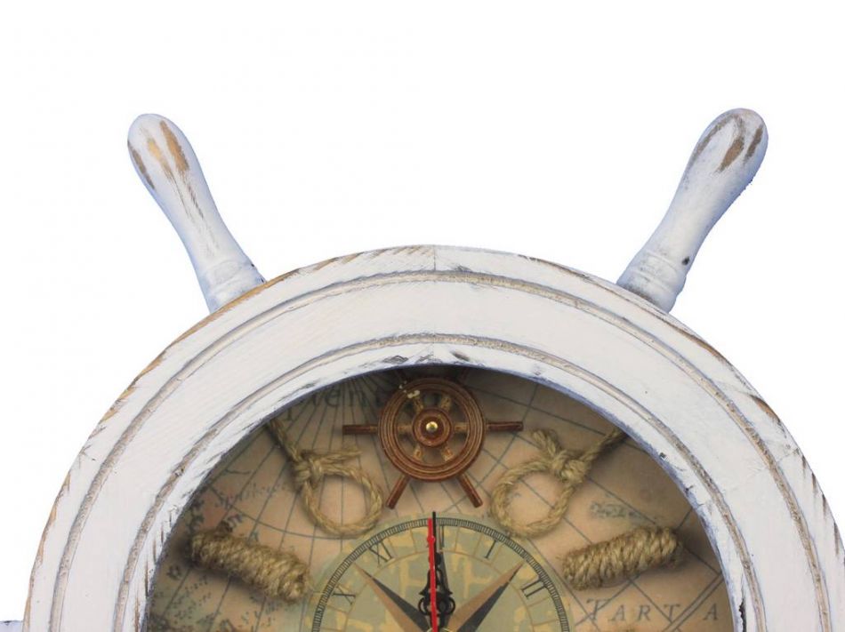 Wooden Whitewashed Ship Wheel Knot Faced Clock 12""