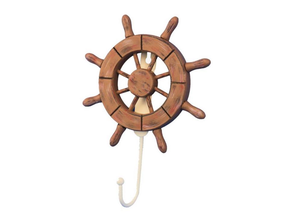 Rustic Wood Finish Decorative Ship Wheel with Hook 8""