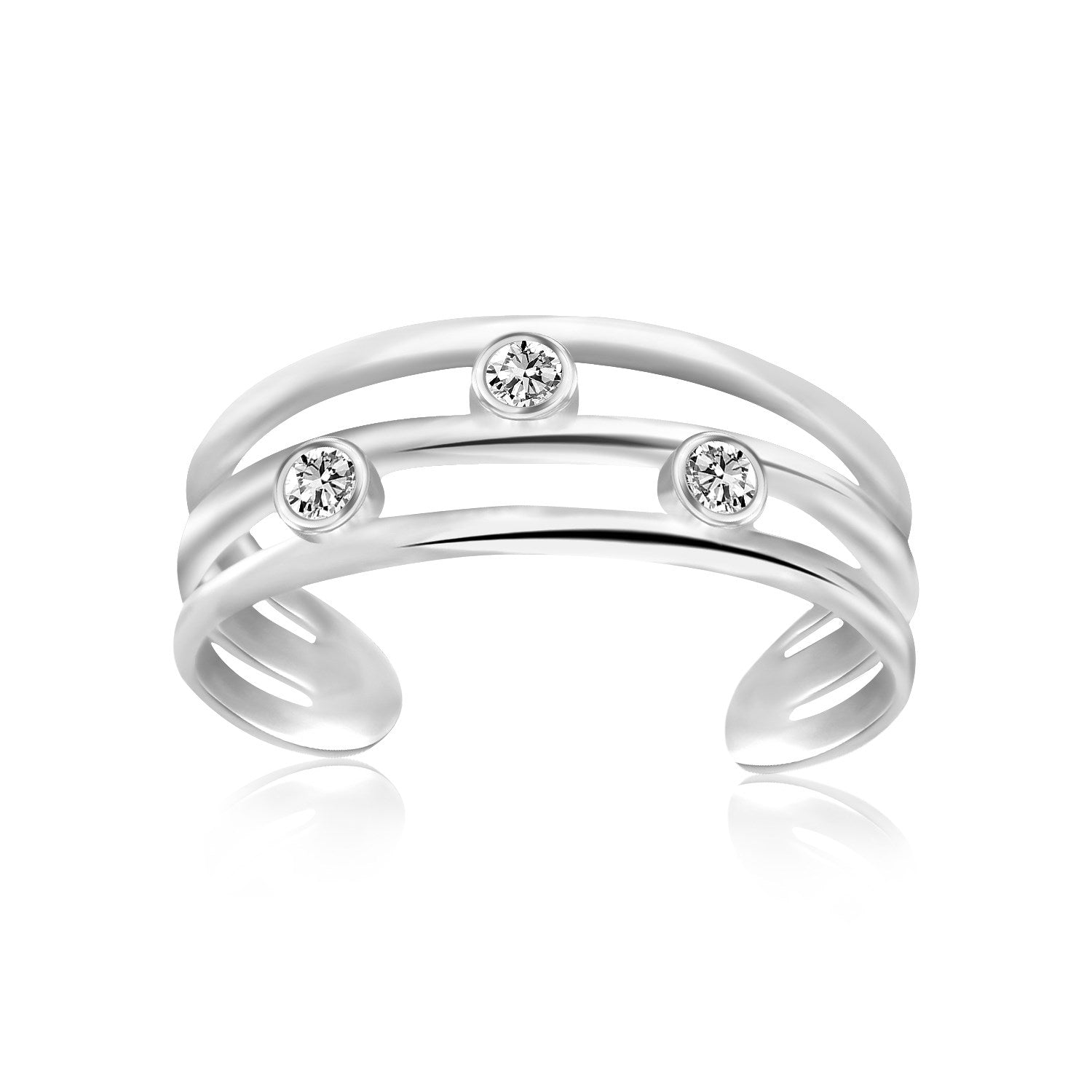 Sterling Silver Rhodium Plated Triple Line Open Motif Cubic Zirconia Toe Ring - PhishStones Products