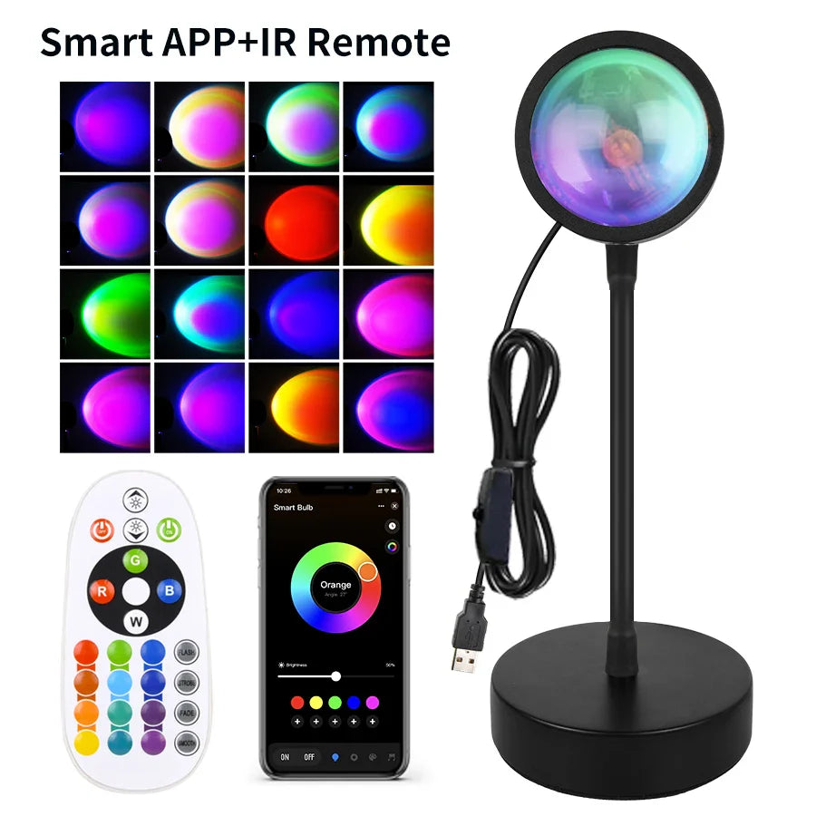 Sunset LED Projection Lamp — USB RGB Night Light, App & Remote Controlled Room Decor for Photography, Parties & Birthdays - PhishStones Products