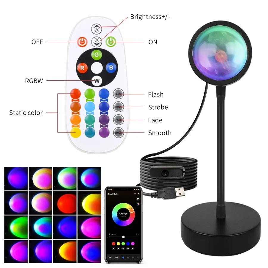 Sunset LED Projection Lamp — USB RGB Night Light, App & Remote Controlled Room Decor for Photography, Parties & Birthdays - PhishStones Products