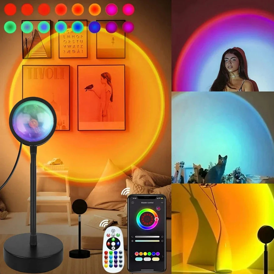 Sunset LED Projection Lamp — USB RGB Night Light, App & Remote Controlled Room Decor for Photography, Parties & Birthdays - PhishStones Products