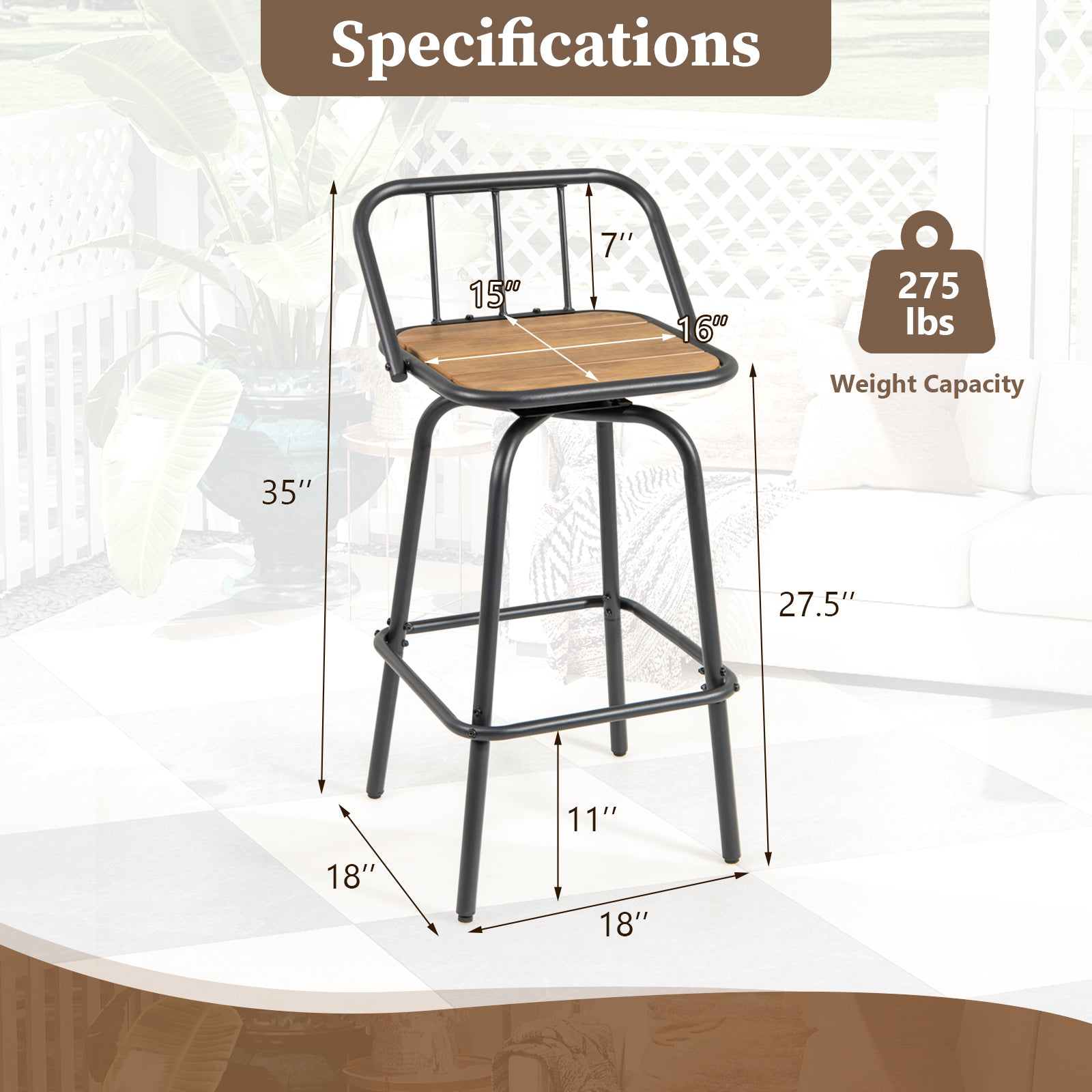 360° Swivel Bar Stool Set of 2 with Footrest and Backrest-Balck & Natural