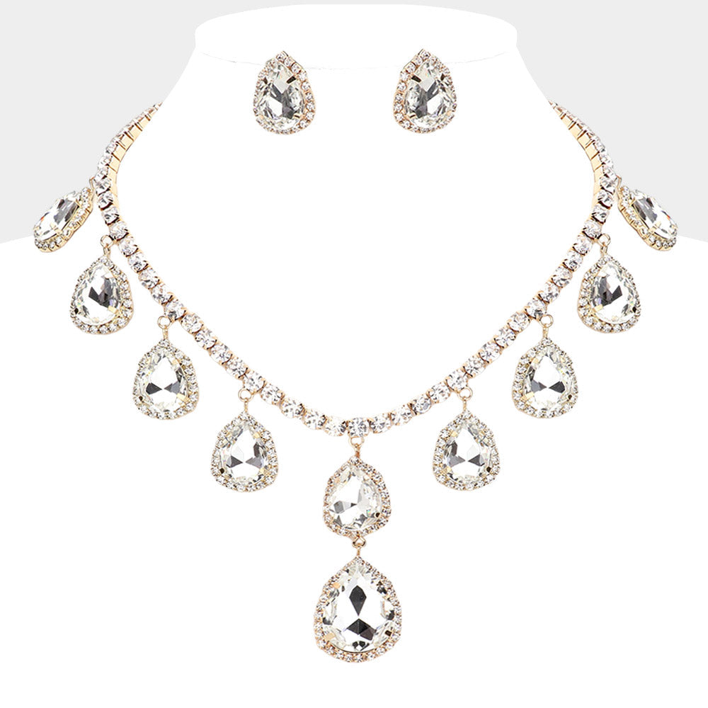 Teardrop Glass Stone Cluster Station Evening Necklace