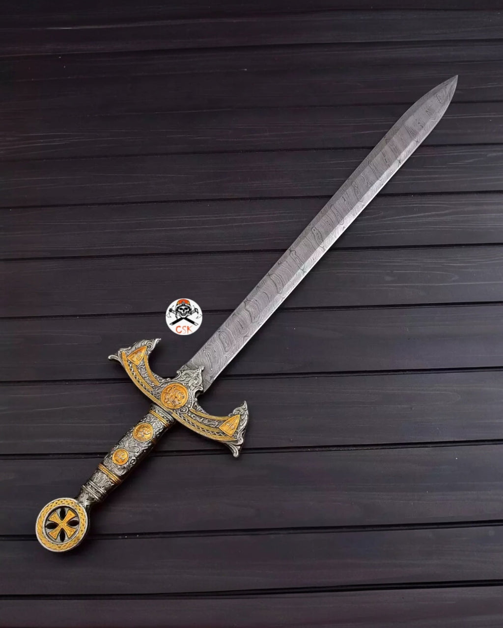 Templar Knights Sword Damascus Steel Crusader Sword Custom Hand Forged Blade - PhishStones Products