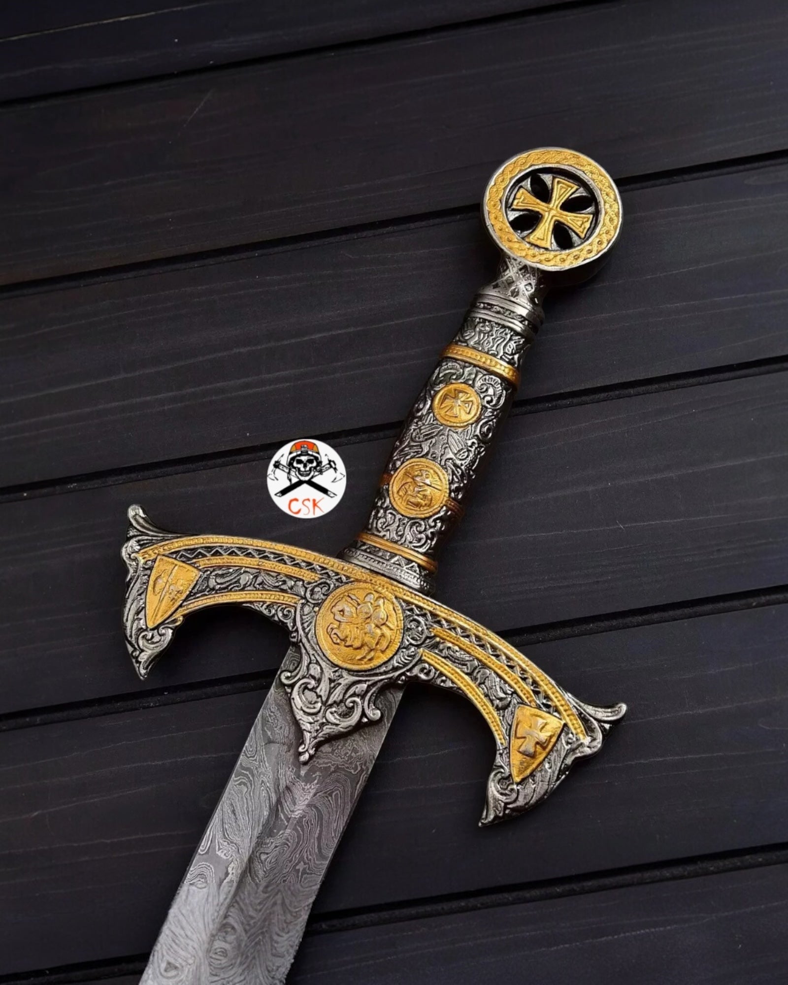 Templar Knights Sword Damascus Steel Crusader Sword Custom Hand Forged Blade - PhishStones Products