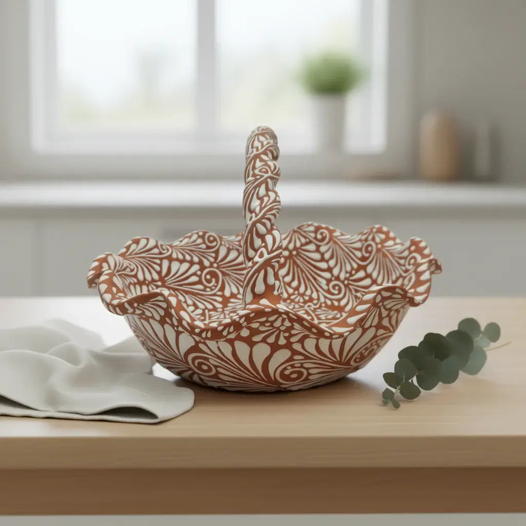 Terracotta & White Talavera Basket | Handmade Ceramic Bowl
