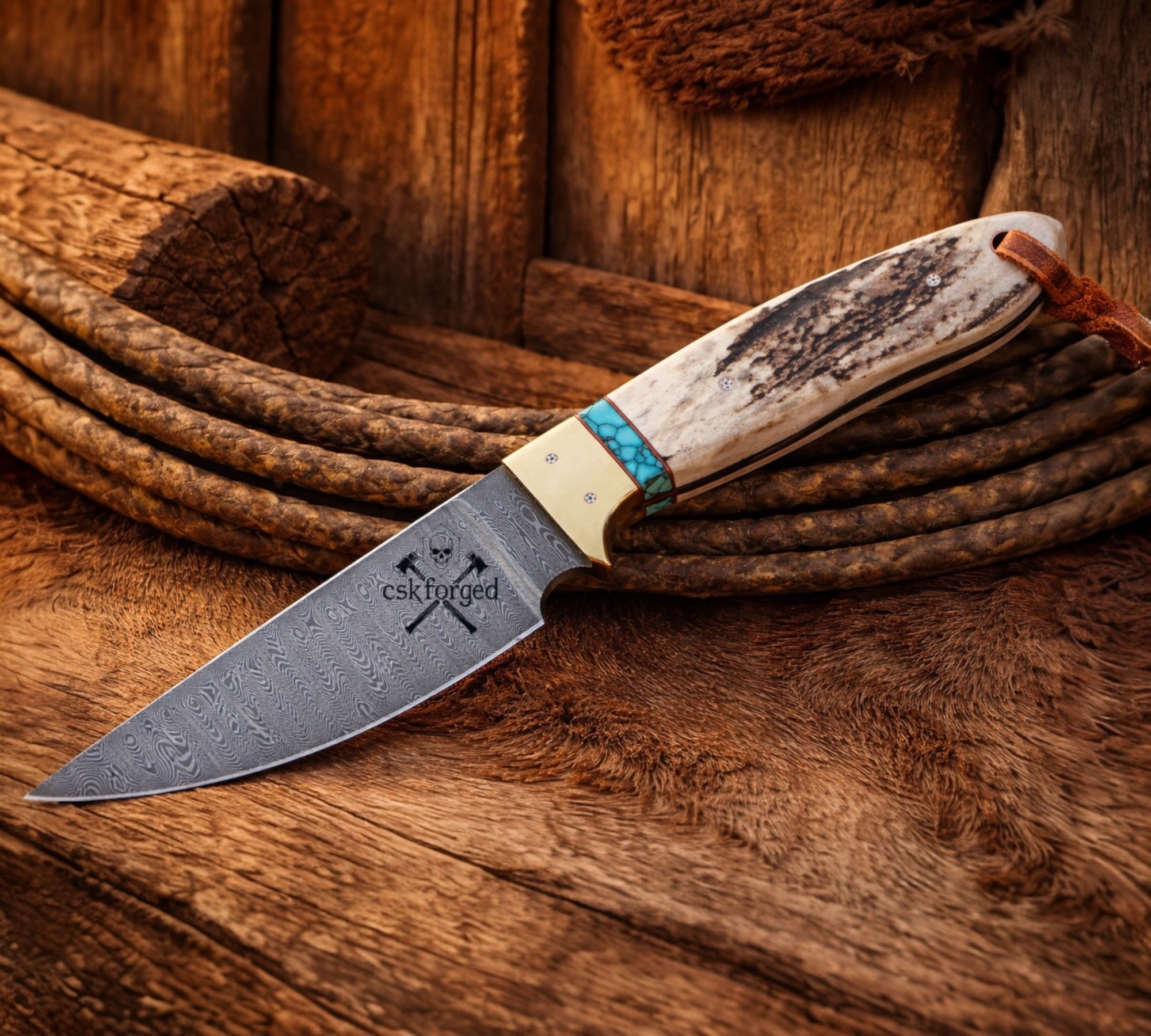 The Last Buckaroo Knife - 4” Damascus Blade with Antler & Turquoise Handle - PhishStones Products