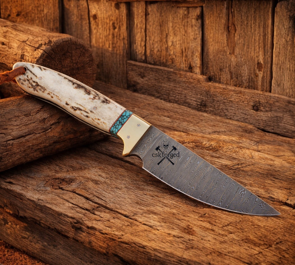 The Last Buckaroo Knife - 4” Damascus Blade with Antler & Turquoise Handle - PhishStones Products