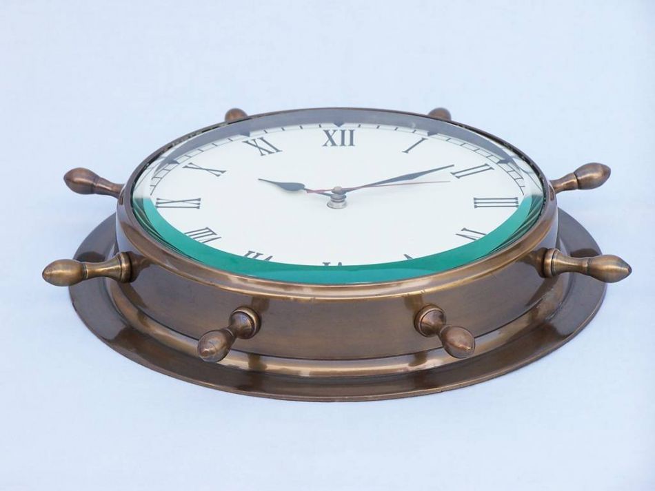 Antique Brass Ship Wheel Clock 15""