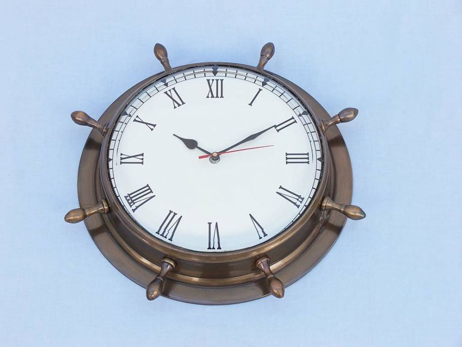 Antique Brass Ship Wheel Clock 15""