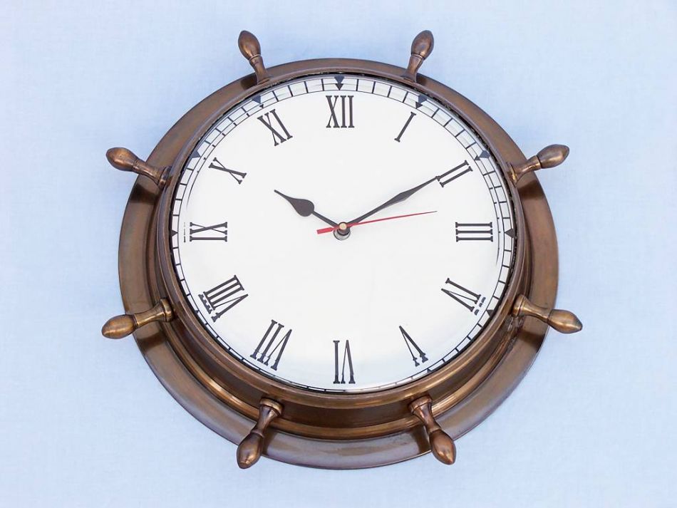 Antique Brass Ship Wheel Clock 15""