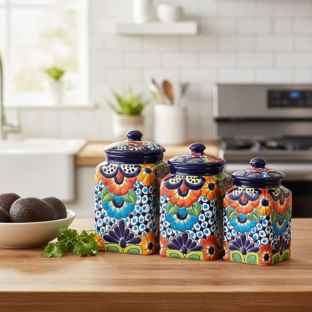 Blue Rim Talavera Canister Set | Multicolor Mexican Pottery Jars