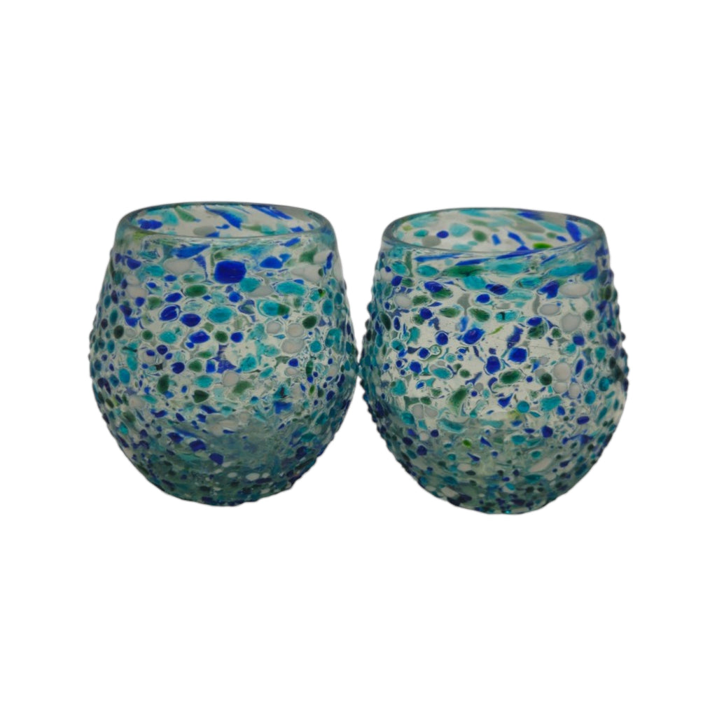 Hand-Blown Stemless Wine Glass | Blue Green Confetti Design