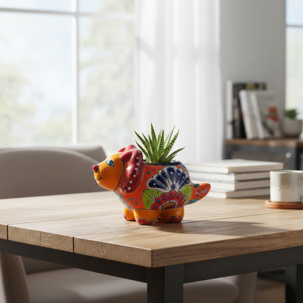 Talavera Triceratops Planter | Colorful Dinosaur Pot