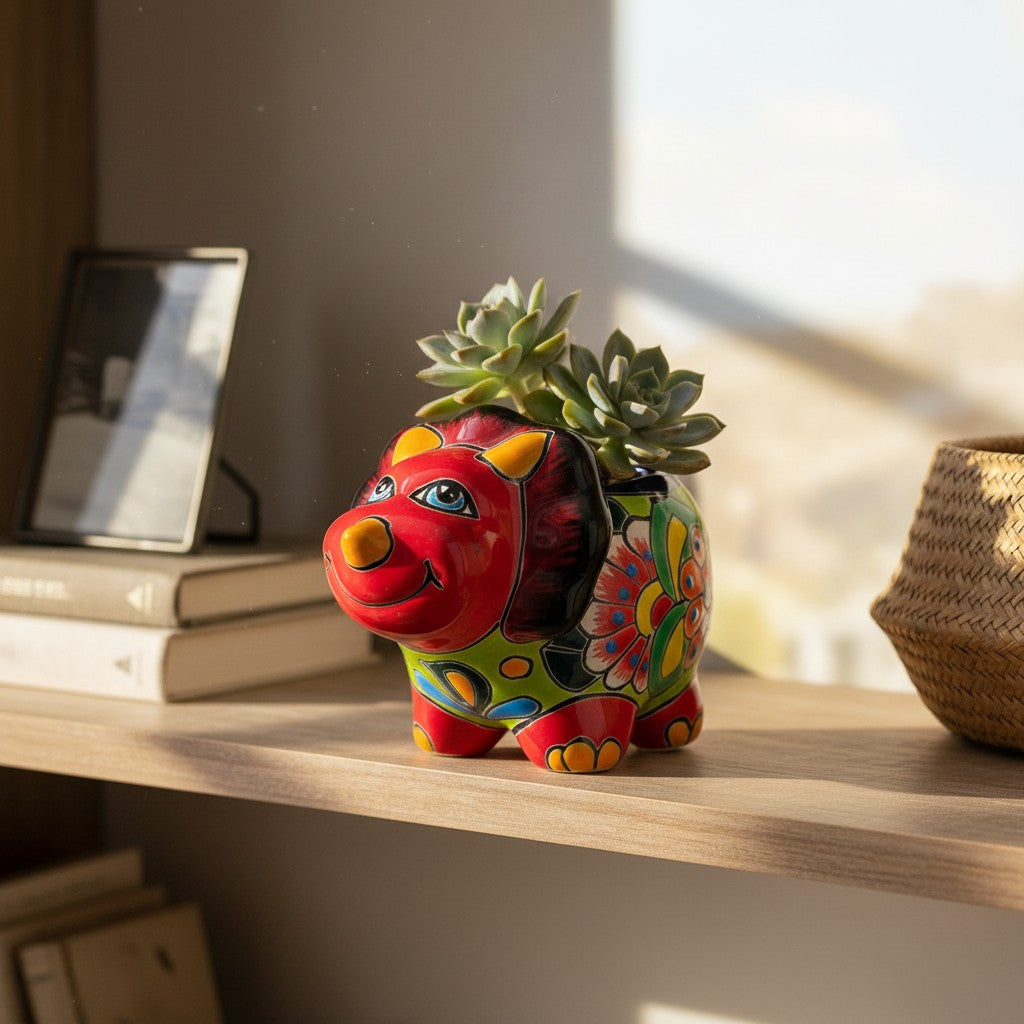 Talavera Triceratops Planter | Colorful Dinosaur Pot