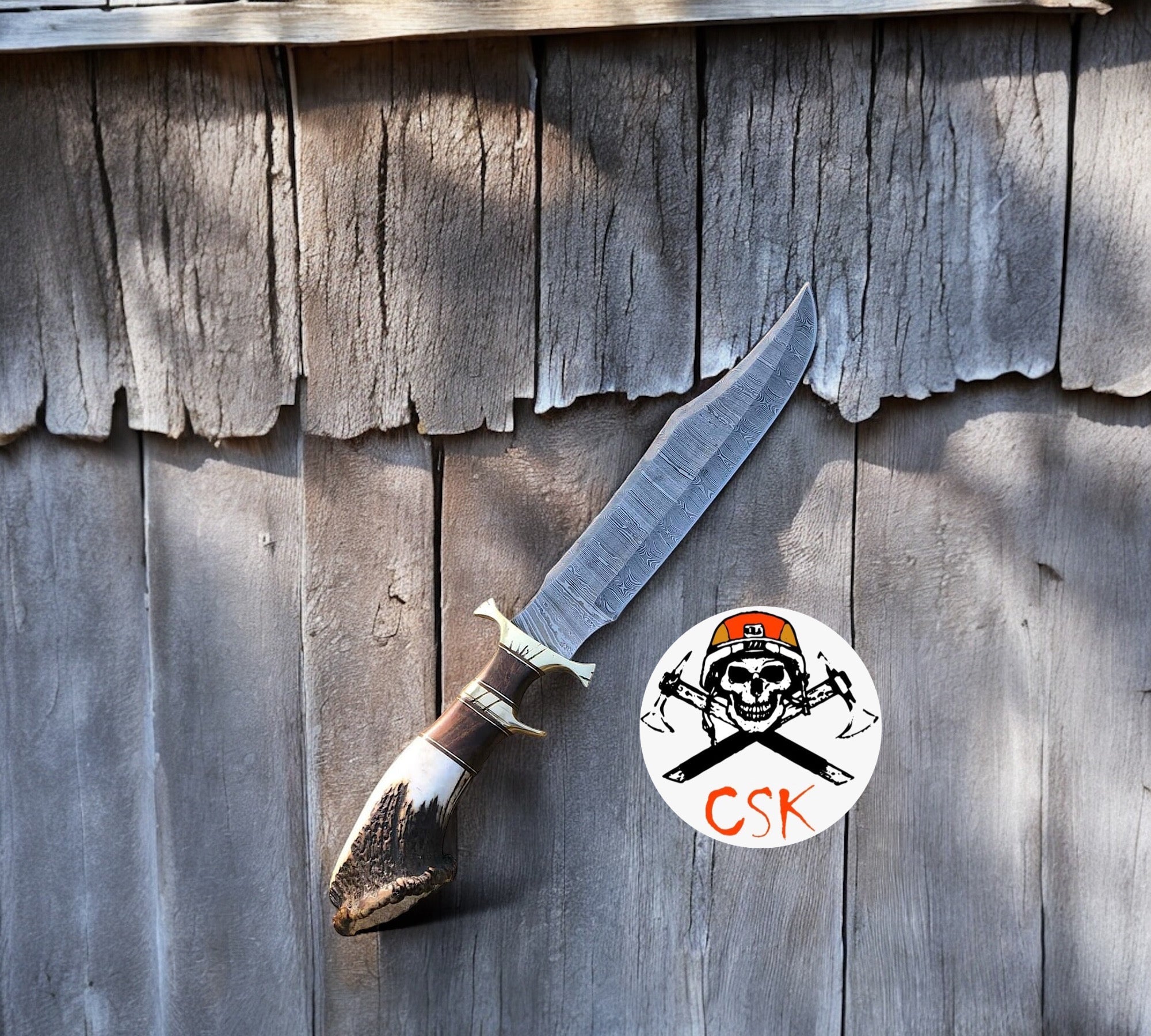 The Ultimate Big Camping Knife for Sale - 15 - Inch Damascus Steel Blade,Rosewood, Stag, Brass Guard Handle, Leather Sheath - PhishStones Products