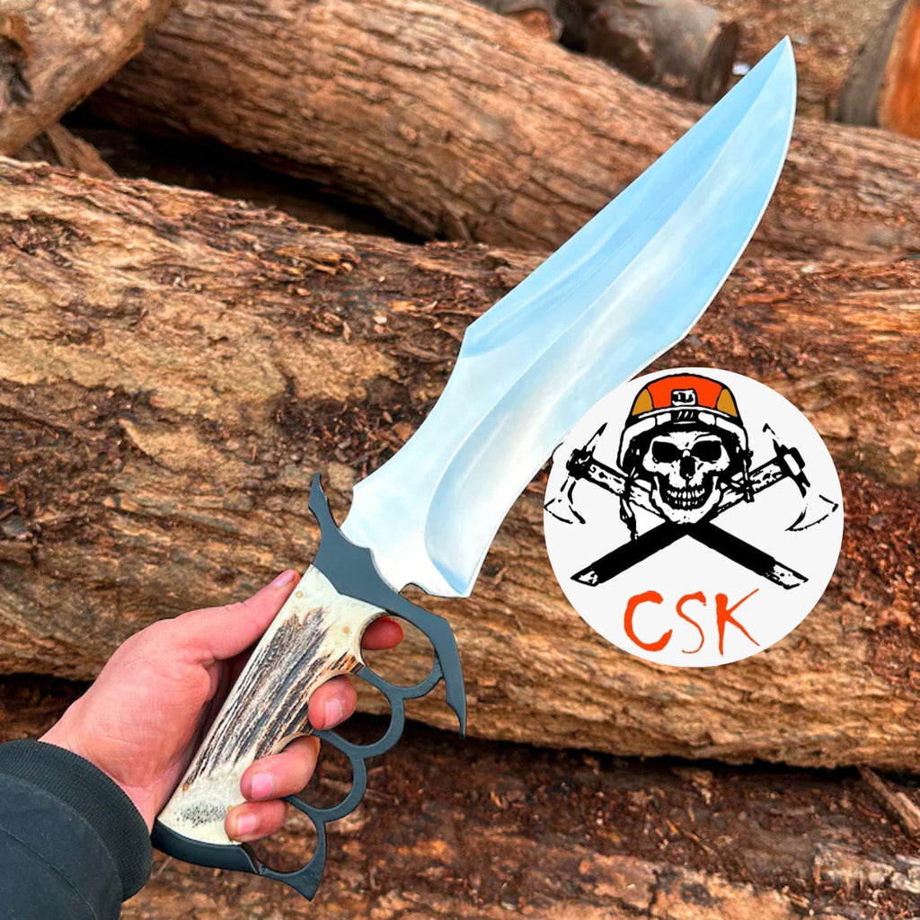The Warlord's Claw - Custom Antler Handle Combat Knife with Knuckle Guard - PhishStones Products