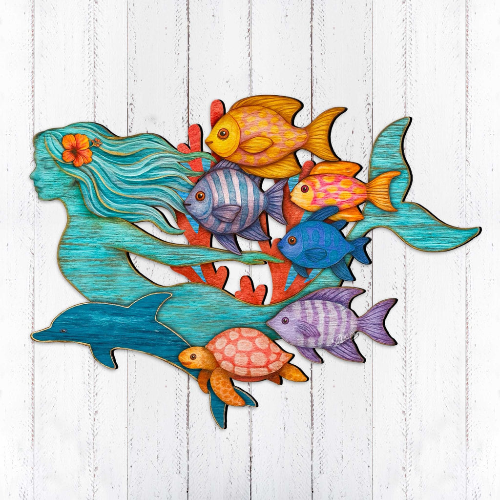 Tropical Mermaid Coastal Door Hanger - Handcrafted Underwater Friends Coastal Wall Art by G. DeBrekht - Coastal Holiday Decor - 81985144H - PhishStones Products