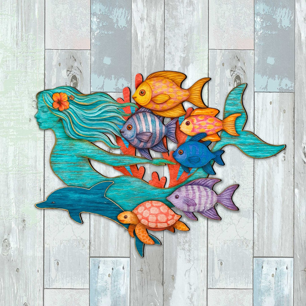 Tropical Mermaid Coastal Door Hanger - Handcrafted Underwater Friends Coastal Wall Art by G. DeBrekht - Coastal Holiday Decor - 81985144H - PhishStones Products