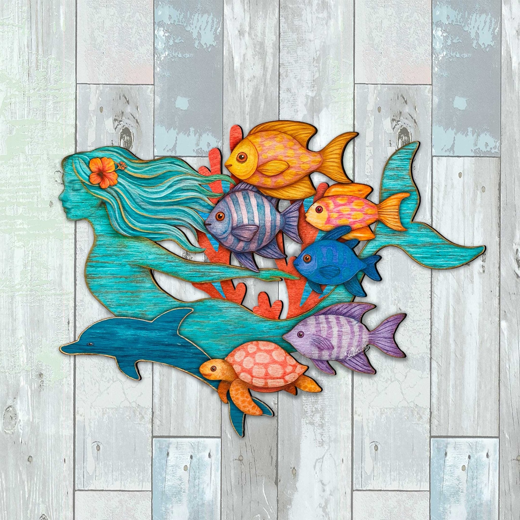 Tropical Mermaid Coastal Door Hanger - Handcrafted Underwater Friends Coastal Wall Art by G. DeBrekht - Coastal Holiday Decor - 81985144H - PhishStones Products