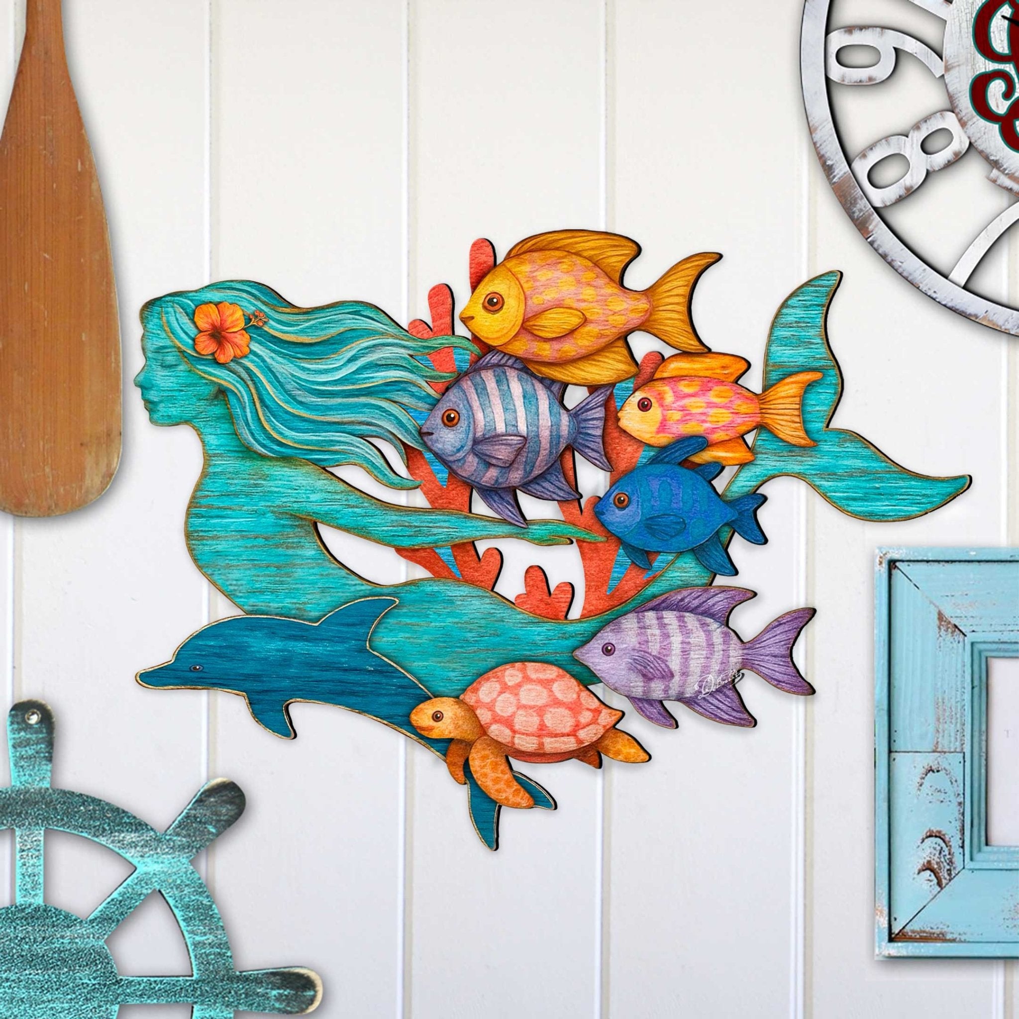 Tropical Mermaid Coastal Door Hanger - Handcrafted Underwater Friends Coastal Wall Art by G. DeBrekht - Coastal Holiday Decor - 81985144H - PhishStones Products