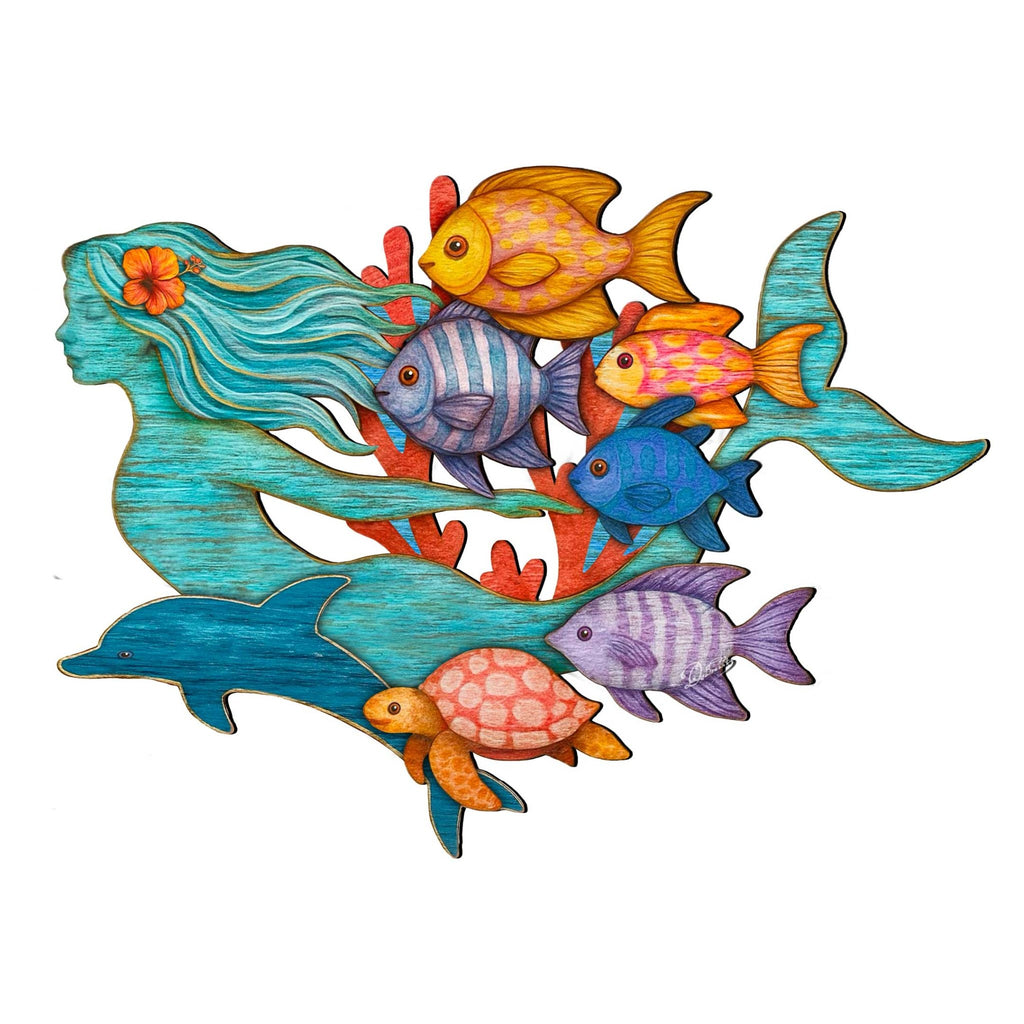 Tropical Mermaid Coastal Door Hanger - Handcrafted Underwater Friends Coastal Wall Art by G. DeBrekht - Coastal Holiday Decor - 81985144H - PhishStones Products