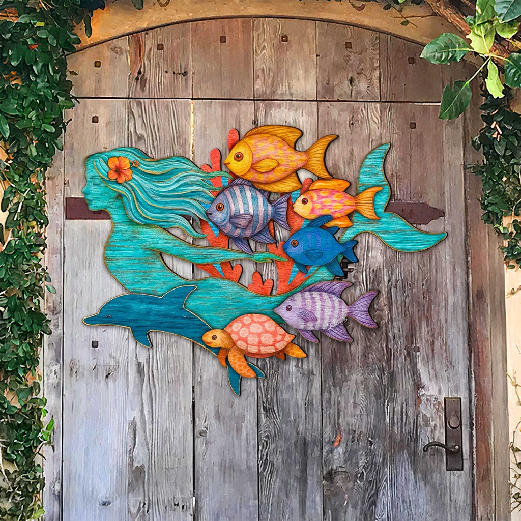 Tropical Mermaid Coastal Door Hanger - Handcrafted Underwater Friends Coastal Wall Art by G. DeBrekht - Coastal Holiday Decor - 81985144H - PhishStones Products